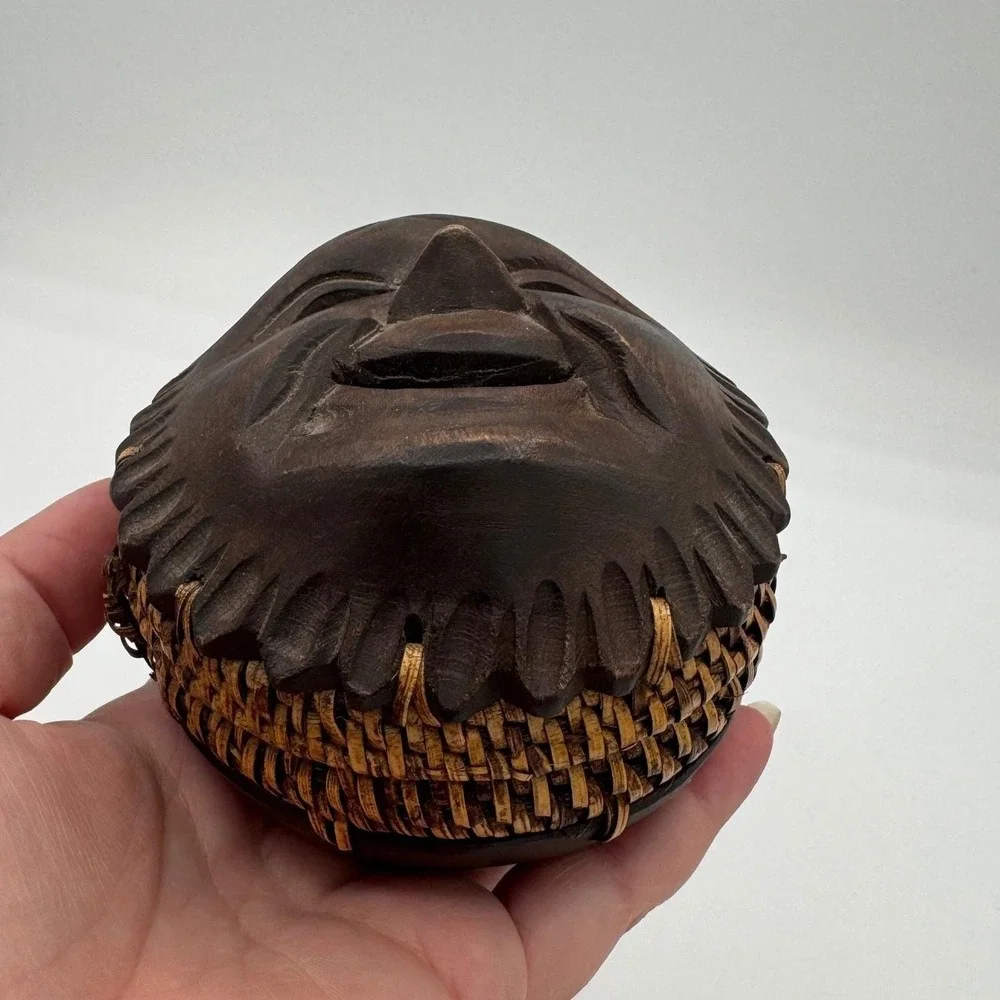 Vintage Hand Carved Wood Sun Face Trinket Box Woven Wicker Philippines Boho